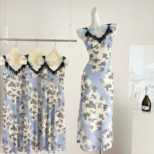 Sexy Sheath Straps Floral Blue Summer Dress Holiday Party Outfits For Women DP0112