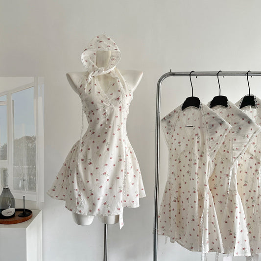 Sexy A Line Halter Neckline Floral Short Summer Dress Holiday Party Outfits For Women DP0121