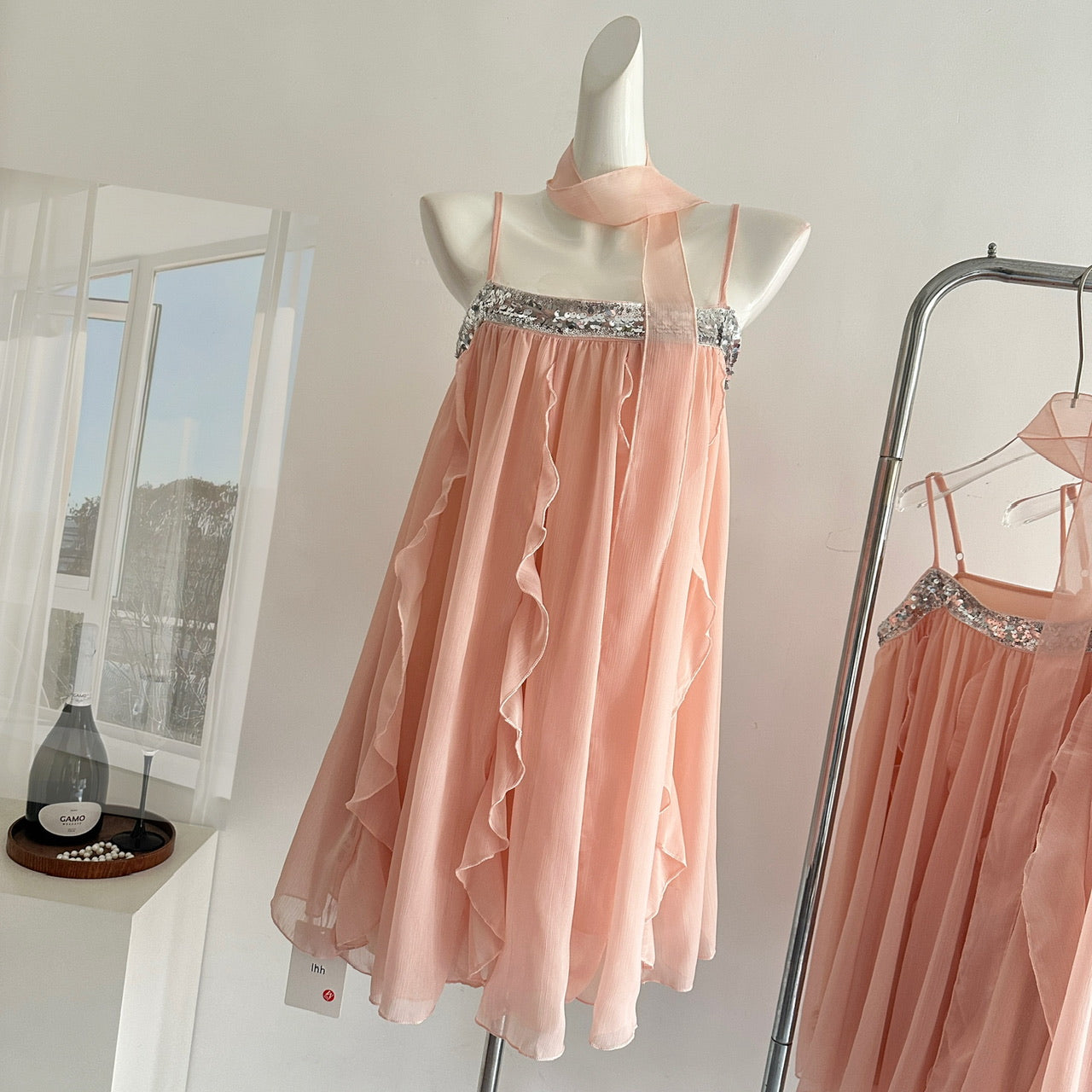 Cute A Line Spaghetti Straps Pink Chiffon Summer Dress Holiday Short Party Outfits For Women DP0102