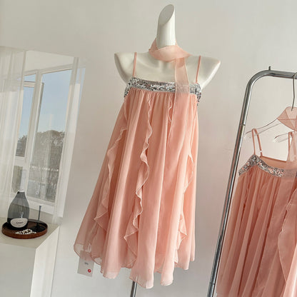 Cute A Line Spaghetti Straps Pink Chiffon Summer Dress Holiday Short Party Outfits For Women DP0102