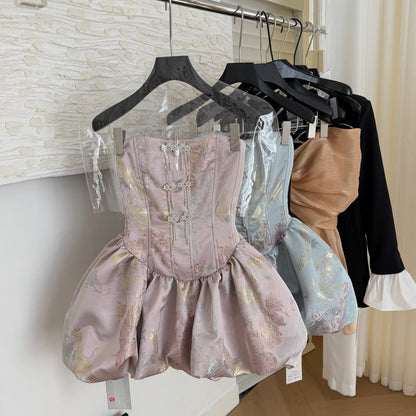 Cute Ball Gown Strapless Satin Floral Pink Short Summer Dress Holiday Party Outfits For Women DP0097