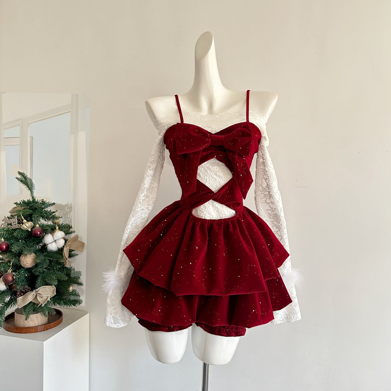 Cute Spaghetti Straps Red Ruffles Velvet Summer Dress 3 Pieces Holiday Party Outfits For Women DP0092