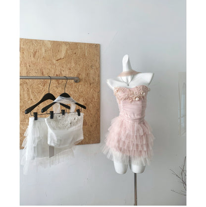 Cute Spaghetti Straps Pink Ruffles Tulle Summer Dress 2 Pieces Holiday Party Outfits For Women DP0094