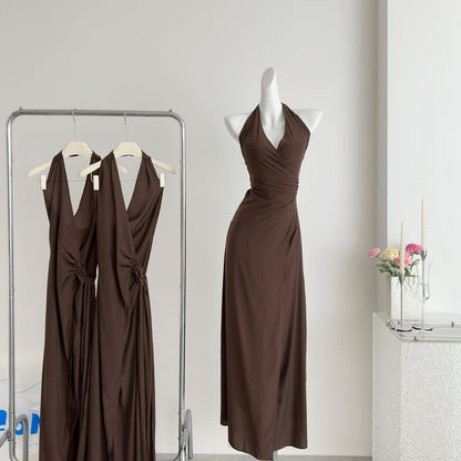 Sexy Sheath Halter Summer Brown Long Dress Holiday Party Outfits For Women DP0030