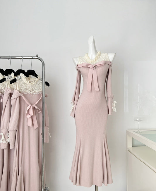 Sweet Mermaid Jewel Long Sleeves Long Women Summer Holiday Knitted Dresses DP0021