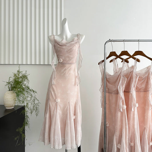 Cute Mermaid Straps Floral Pink Lace Long Summer Dress For Women DP0026