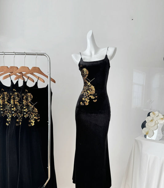 Sexy Mermaid Spaghetti Straps Black Velvet Long Summer Dress For Women DP0027