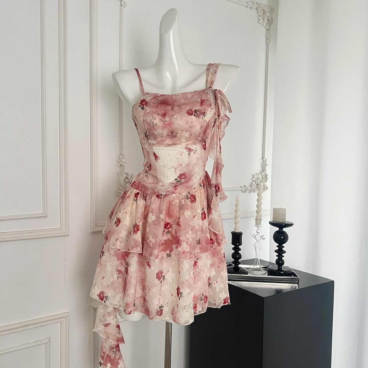 Sweet A Line Straps Pink Floral Summer Short Dresses DP0014