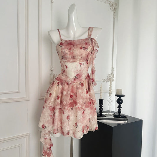 Sweet A Line Straps Pink Floral Summer Short Dresses DP0014
