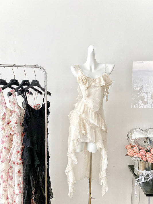 Sexy High Low Spaghetti Straps Floral Lace Summer Dress Holiday Party Outfits For Women DP0019