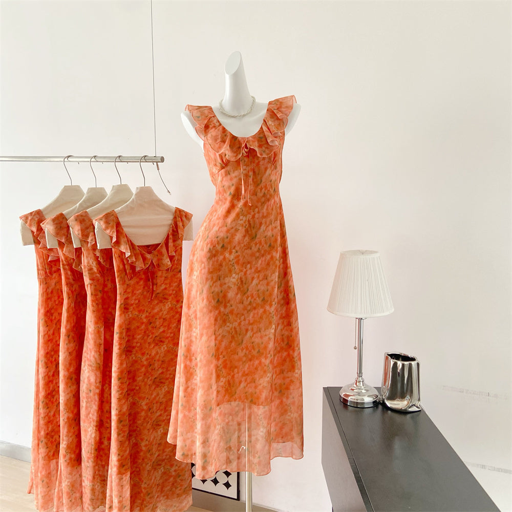 Sexy A line Jewel Summer Orange Chiffon Dress Holiday Party Outfits For Women DP0029