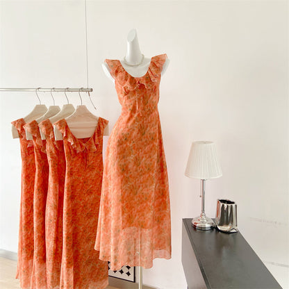 Sexy A line Jewel Summer Orange Chiffon Dress Holiday Party Outfits For Women DP0029