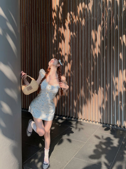 French blue floral A-line V-neck dress ED0807