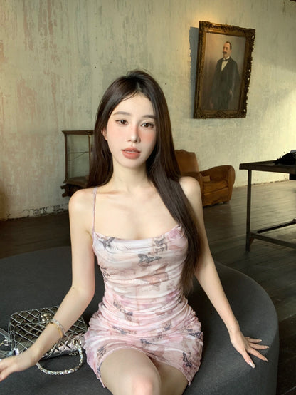 Sexy slim backless camisole hip skirt with butterfly print ED0469