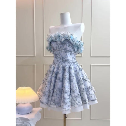 Simple A line Strapless Blue Lace Party Dresses Short Formal Homecoming Dresses Night Chic Elegant Short Dresses Cocktail Dress 18th Birthday Outfits Hoco Dresses DH2752