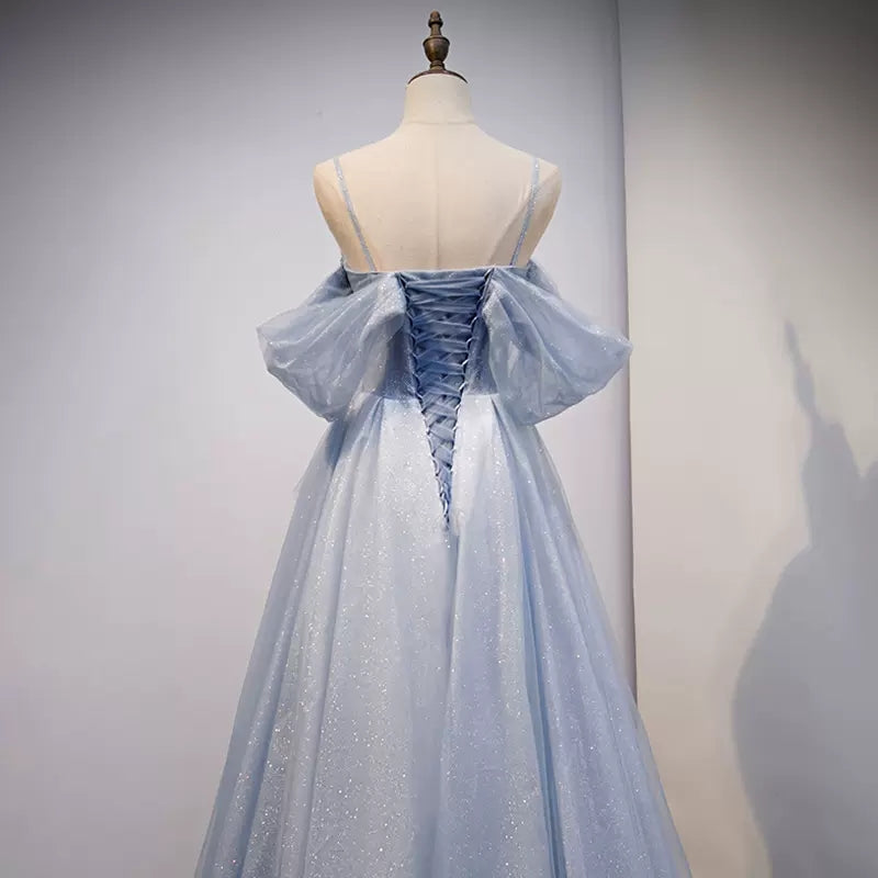 Cute A Line Off the Shoulder Dusty Blue Prom Dresses Sexy Evening Dress SH089