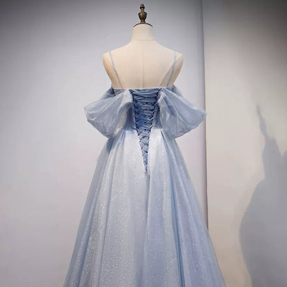 Cute A Line Off the Shoulder Dusty Blue Prom Dresses Sexy Evening Dress SH089