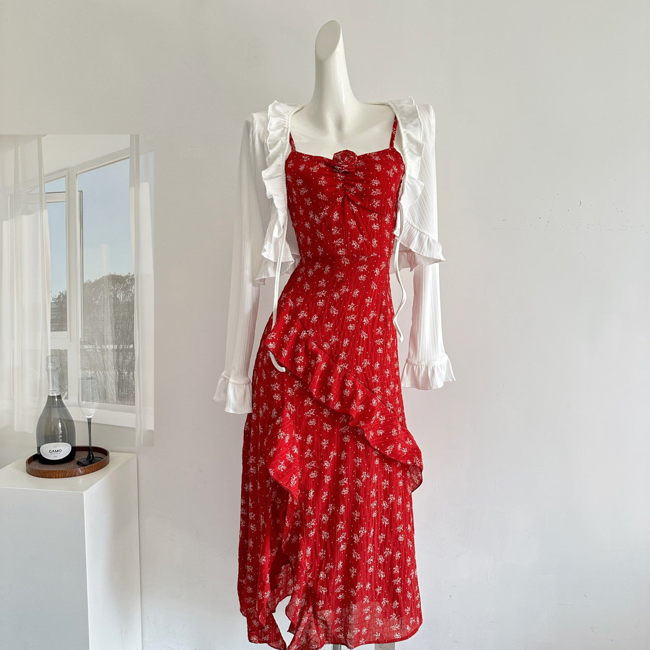 Sexy A Line Spaghetti Straps Floral Red Summer Dress Holiday Party Outfits For Women DP0128