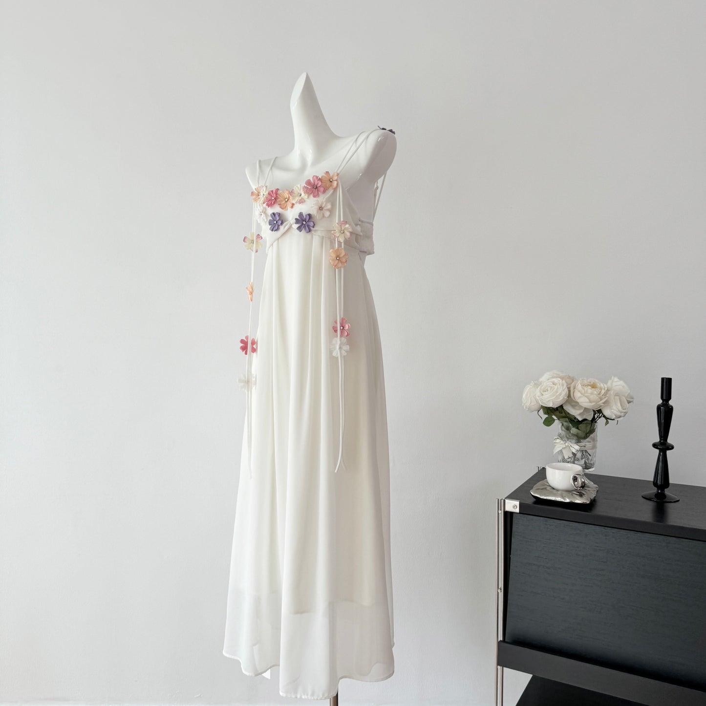 Cute A Line Spaghetti Straps Floral White Chiffon Summer Dress Holiday Party Outfits For Women DP0129