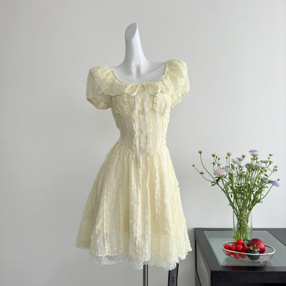 Cute A Line Square Neckline Floral Short Yellow Summer Dress Holiday Party Outfits For Women DP0122