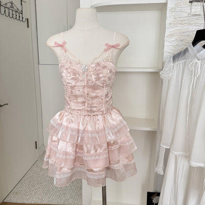 Sexy A line Spaghetti Straps 2 Pieces Pink Summer Dress Holiday Dresses Party Outfits For Women DP0118