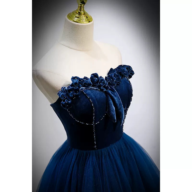 Navy Blue Tulle Strapless Prom Dresses Sexy Evening Dress SH098
