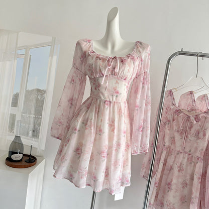 Cute A line Square Neckline Floral Pink Short Summer Dress Holiday Party Birthday Outfits DP0139