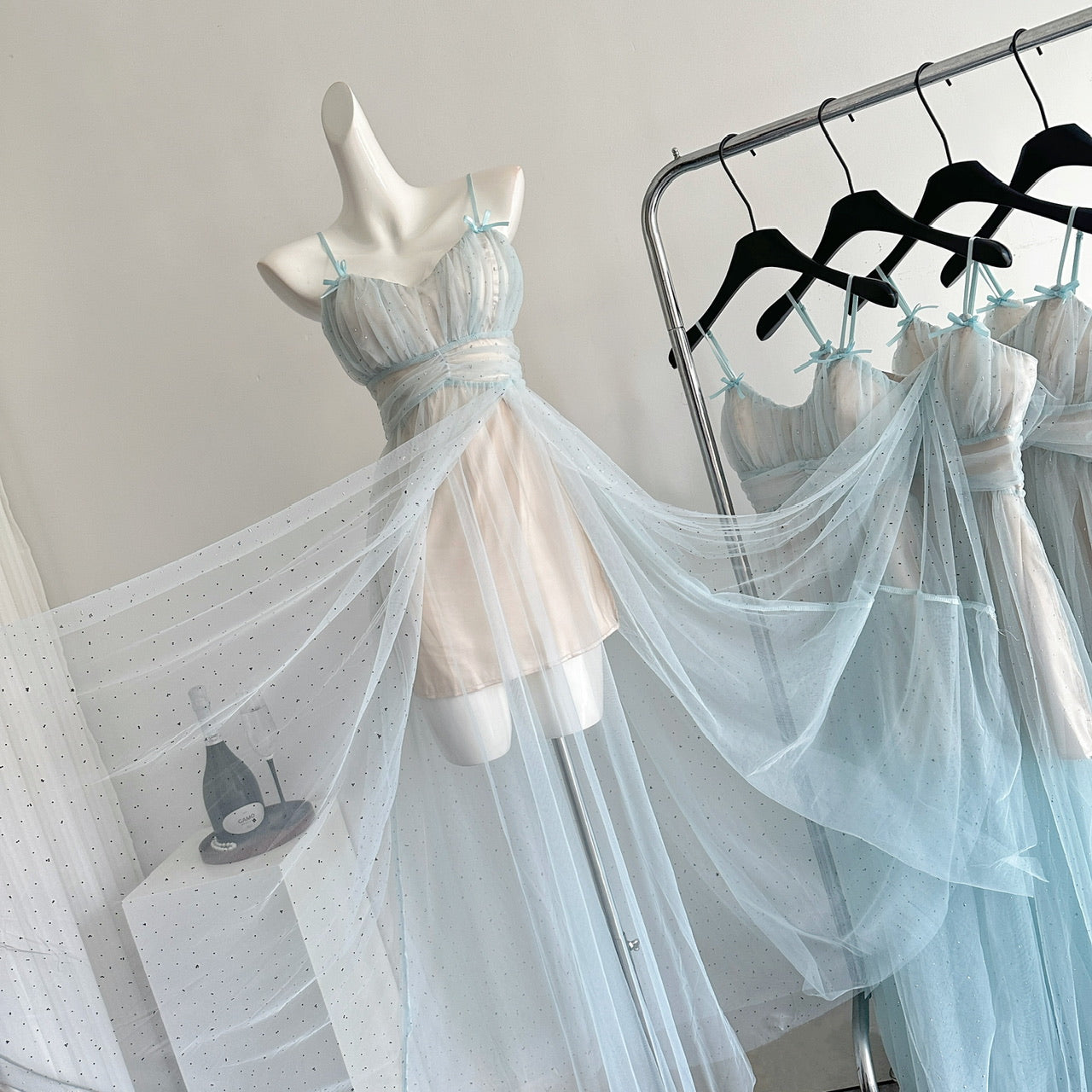 Sexy A Line Spaghetti Straps Blue Tulle Summer Dress Holiday Party Birthday Outfits For Teens DP0142