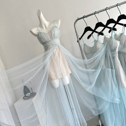 Sexy A Line Spaghetti Straps Blue Tulle Summer Dress Holiday Party Birthday Outfits For Teens DP0142
