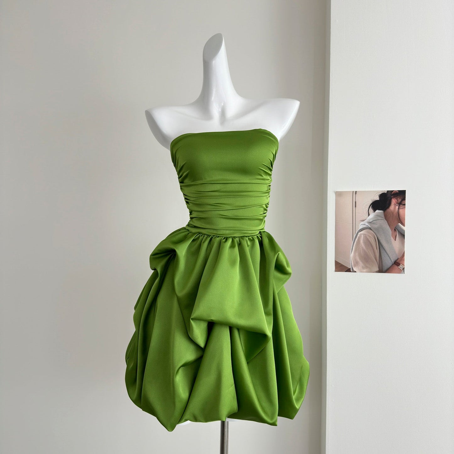 Cute A line Strapless Green Satin Short Summer Dress Holiday Party Birthday Outfits DP0145