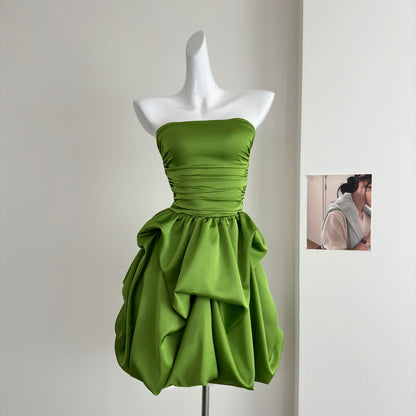 Cute A line Strapless Green Satin Short Summer Dress Holiday Party Birthday Outfits DP0145