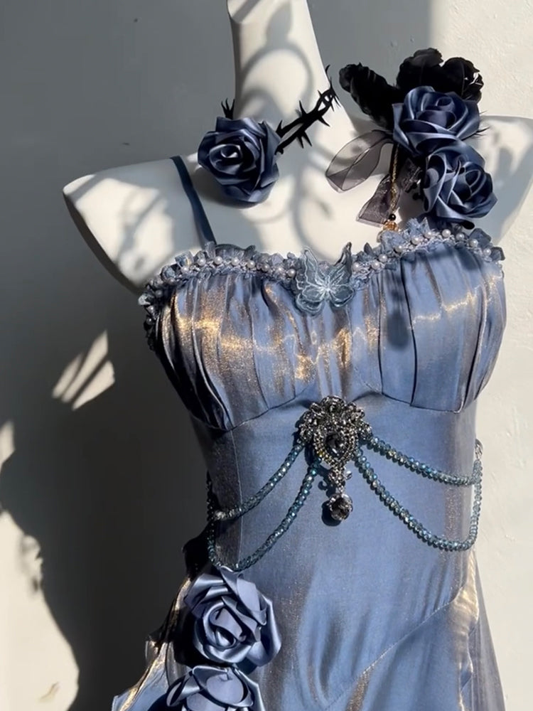 Vintage High Low Spaghetti Straps Blue 16th Birthday Dress With Sleeves Lolita Dress Satin Birthday Outfits DP0225