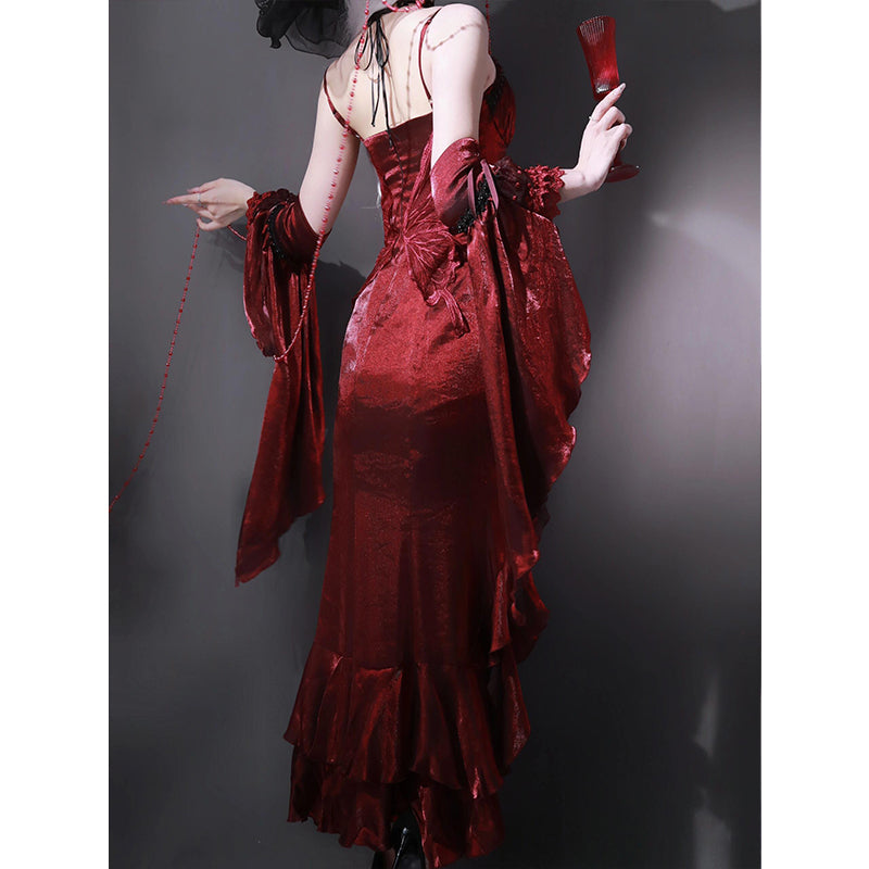 Vintage High Low Spaghetti Straps Burgundy 16th Birthday Dress Lolita Dress Satin Birthday Outfits DP0217