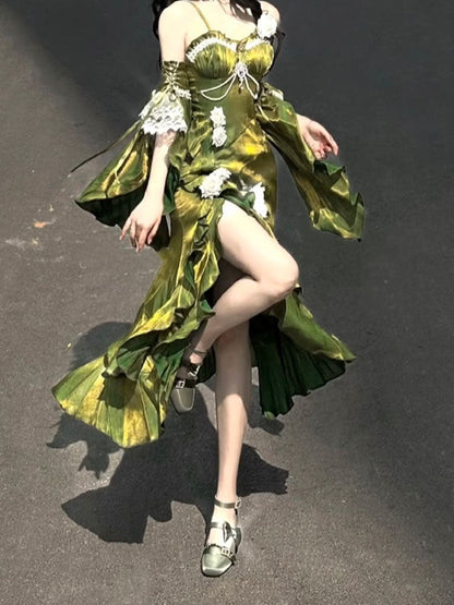 Vintage High Low Spaghetti Straps Green 16th Birthday Dress Lolita Dress Satin Birthday Outfits DP0222