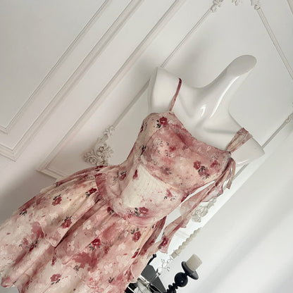Sweet A Line Straps Pink Floral Summer Short Dresses DP0014