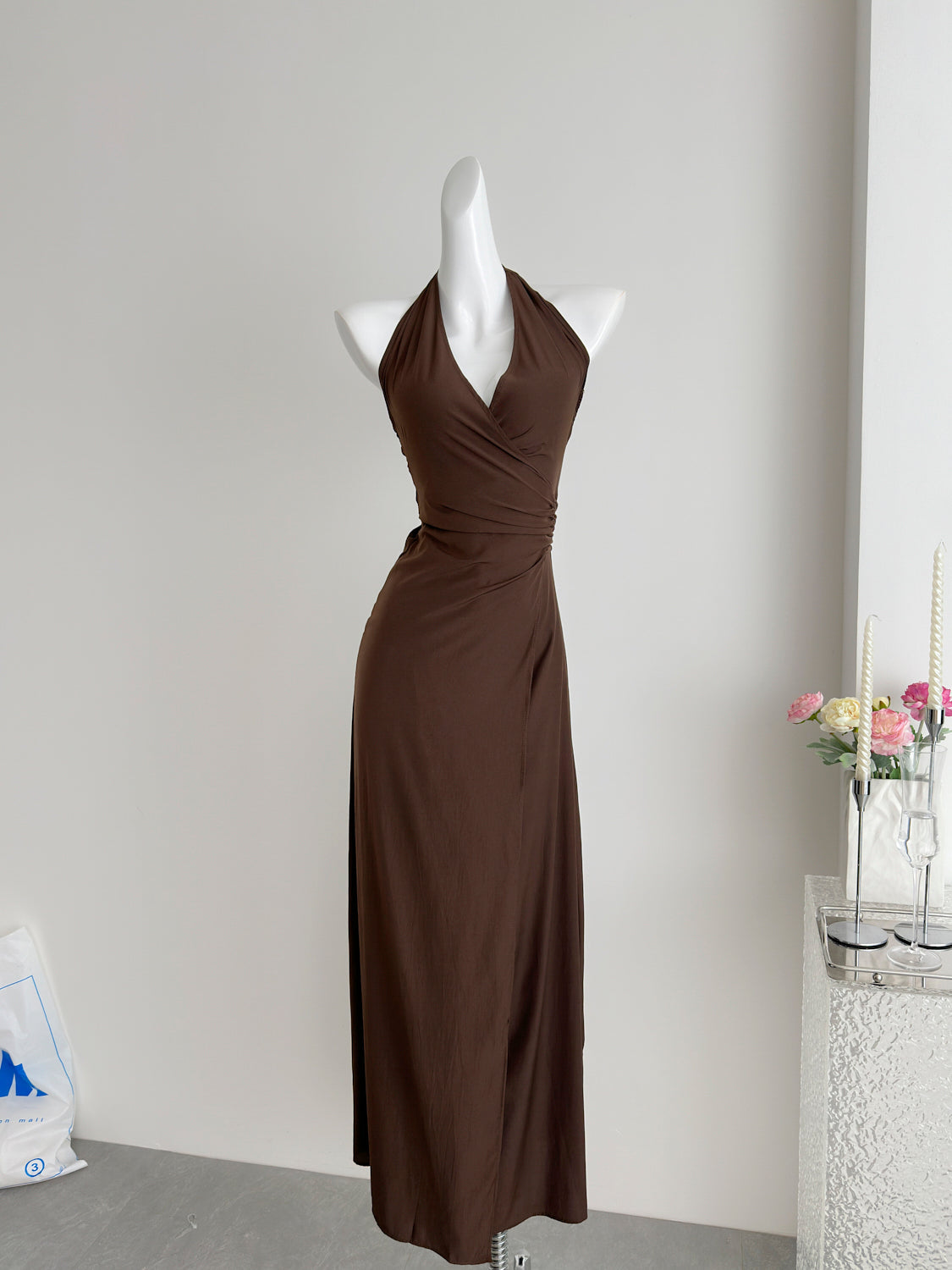 Sexy Sheath Halter Summer Brown Long Dress Holiday Party Outfits For Women DP0030