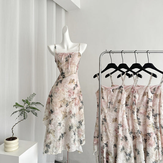 Cute A line Spaghetti Straps Pink Floral Lace Summer Dress Holiday Party Outfits For Women DP0018