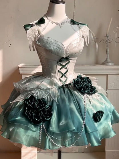 Vintage Ball Gown Spaghetti Straps Chiffon Green Summer 18th Birthday Dress Green Short Lolita Dress 18th Birthday Outfits DH2433