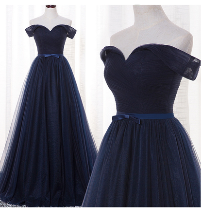 Navy blue tulle long prom dress,evening dress,cheap prom dresses  7683
