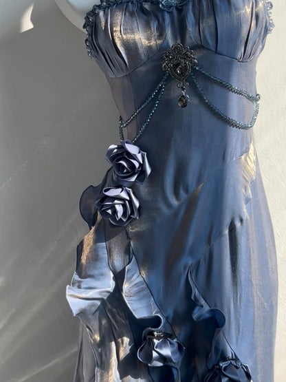 Vintage High Low Spaghetti Straps Blue 16th Birthday Dress With Sleeves Lolita Dress Satin Birthday Outfits DP0225