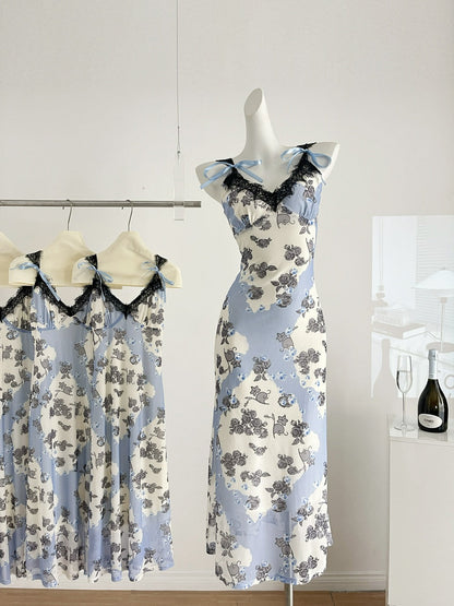 Sexy Sheath Straps Floral Blue Summer Dress Holiday Party Outfits For Women DP0112