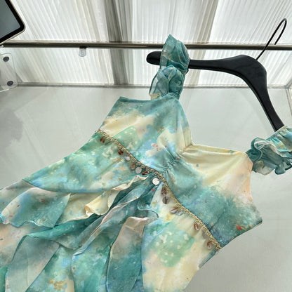 Sexy Mermaid Square Floral Green Summer Dress Holiday Party Outfits For Women DP0126