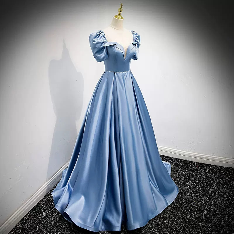 Simple A line Satin Light Sky Blue Long Prom Dresses SH219