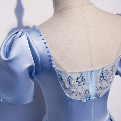 A line Short Sleeves Light Sky Blue Prom Dresses SH060