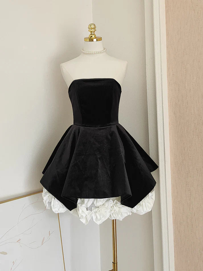 Cute A Line Strapless Velvet Black Holiday Dress Travel Vacation Dresses Short Birthday Dress SH2892