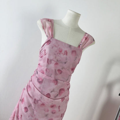 Sexy Sheath Straps Floral Pink Summer Dress Holiday Party Outfits For Women DP0103