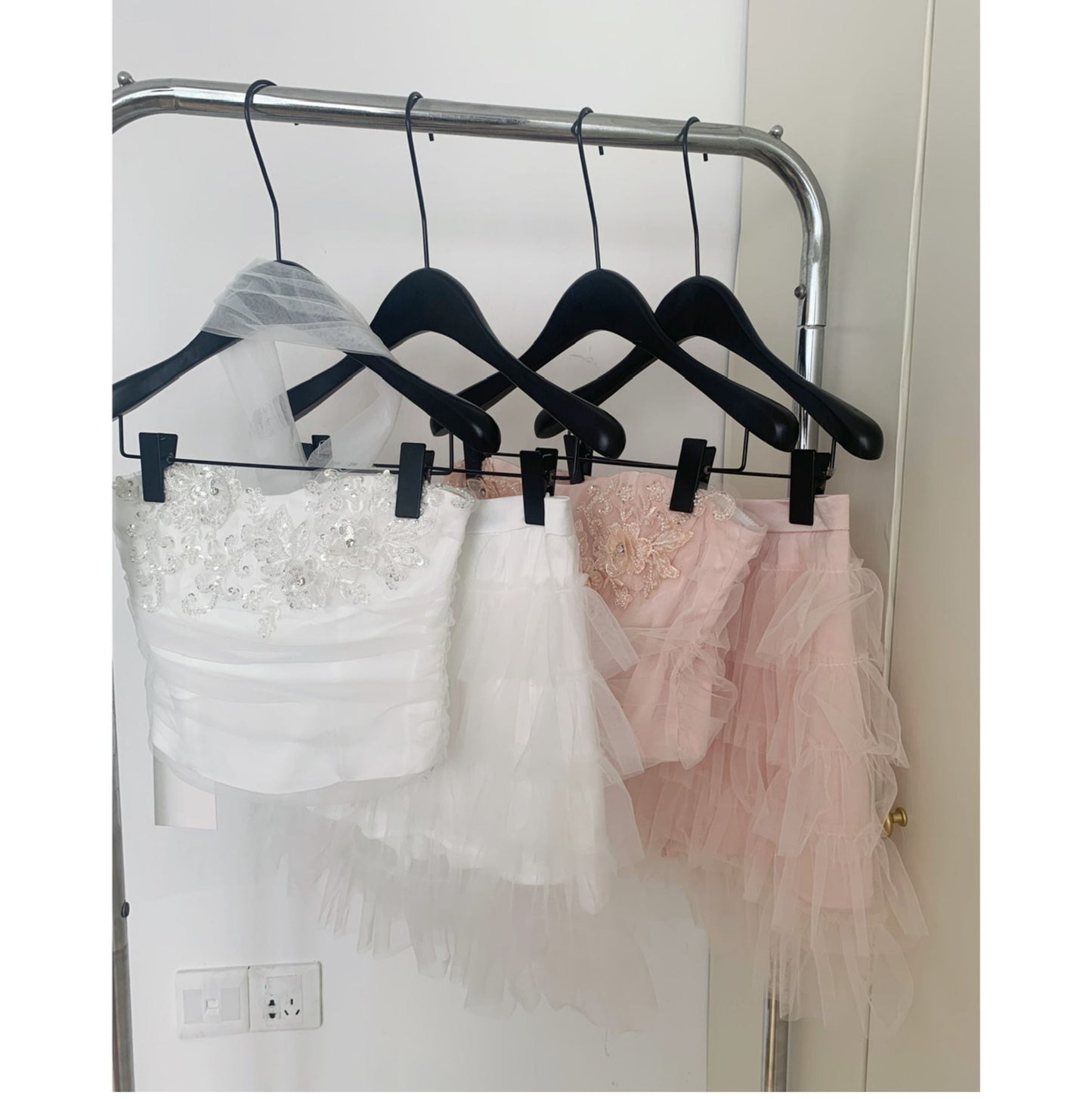 Cute Spaghetti Straps Pink Ruffles Tulle Summer Dress 2 Pieces Holiday Party Outfits For Women DP0094
