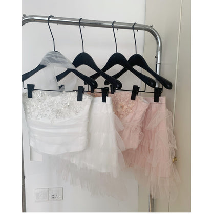 Cute Spaghetti Straps Pink Ruffles Tulle Summer Dress 2 Pieces Holiday Party Outfits For Women DP0094