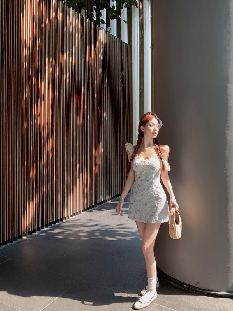 French blue floral A-line V-neck dress ED0807