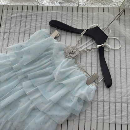 Sexy A line Halter Blue Tulle Min Summer Dress Holiday Party Homecoming Dress Birthday Outfits For Teens DP0151